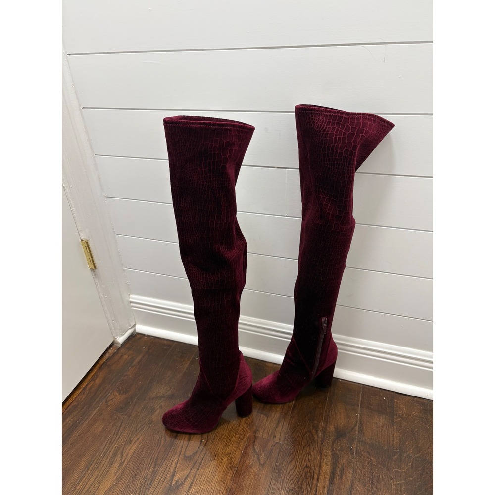 Aldo Red Wine Velvet Snakeskin Embossed Over The Knee Boots Sz 10 Chunky Heel